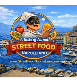 the words “a taste of napoli” are shown in white stylized font cross the circular logo just below the midline and over a red arched banner with the text “street food” shown in yellow stylized font.  the word “napoletano” appears below the banner in white 