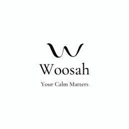 the mark consists of a stylized wave design above the word 'woosah' and the tagline 'your calm matters.' the mark appears in gold and white on a sage/teal background.