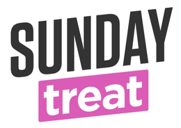 the name sunday in all black block capital letters on an upward slant from left to right with the left side lower than the right side and underneath and parallel to it a pink rectangle on a slant also from left to right with the left side lower than the r