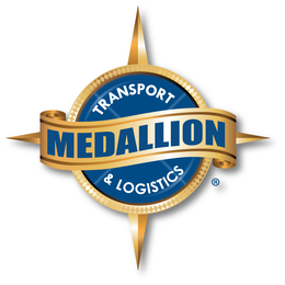 text: medallion transport & logistics with medallion in front across the ribbon