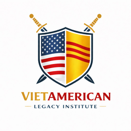 the mark consists of a shield design divided vertically into two halves — the left half displays the american flag (blue canton with white stars and red and white stripes), and the right half displays the flag of the republic of vietnam (yellow/gold backg