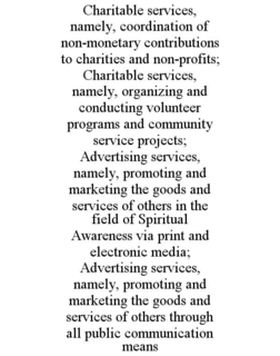 charitable services, namely, coordination of non-monetary contributions to charities and non-profits; charitable services, namely, organizing and conducting volunteer programs and community service projects; advertising services, namely, promoting and mar