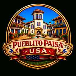 little country style plaza with color-full houses balconies and flowers, red letters saying pueblito paisa also yellow letter saying usa and a beautiful american flag