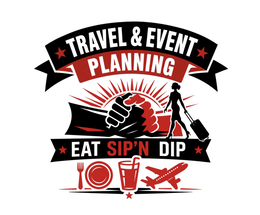 the mark consists of the following wording in stylized capital letters "travel & event" appearing in white on a curved black banner. "planning" appearing in white on a curved red banner positioned below the first. "eat sip'n dip" appearing in white on a c