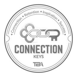 across the top of the circle are the words 'connection, retention, inspiration, success'. in the middle is a key with highlighted links in its center, atop the words 'connection keys'.  at the bottom of the circle are the letters 'tba'