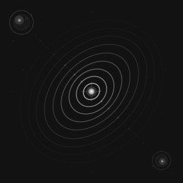 primary galaxy body: large circular form with layered concentric disk rings in dark navy blue; amber-gold nucleus; scattered star dots around the perimeter; faint dashed tidal stream extending toward impact center | upper-left quadrantimpacting galaxy bod