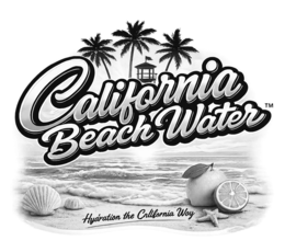 california beach water is script font with palm trees and a lifeguard station