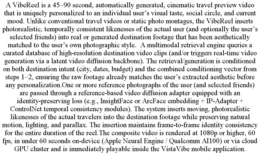 a vibereel is a 45–90 second, automatically generated, cinematic travel preview video that is uniquely personalized to an individual user’s visual taste, social circle, and current mood. unlike conventional travel videos or static photo montages, the vibe