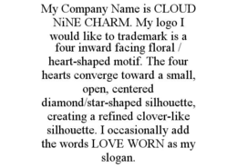 my company name is cloud nine charm. my logo i would like to trademark is a four inward facing floral / heart-shaped motif. the four hearts converge toward a small, open, centered diamond/star-shaped silhouette, creating a refined clover-like silhouette. 