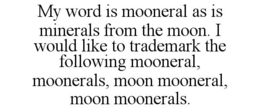 my word is mooneral as is minerals from the moon. i would like to trademark the following mooneral, moonerals, moon mooneral, moon moonerals.