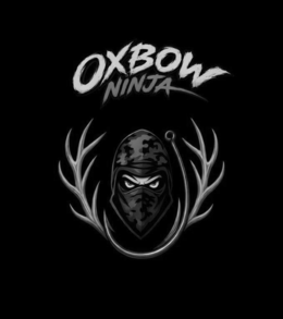 main text: "oxbow" in large, bold, brush-stroke style lettering with a slightly distressed texture.secondary text: "ninja" in smaller, stylized lettering positioned directly below "oxbow".central figure: a ninja-style balaclava/mask in camouflage pattern,