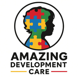 the mark consists of a stylized human head silhouette formed by interlocking puzzle pieces in the colors green, yellow, blue, and red, enclosed within a black circular border. below the design appears the wording "amazing development care" in black letter