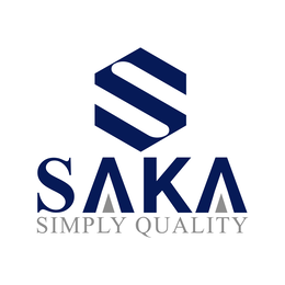 hexagon containing stylized letter 's' with saka below and simply quality underneath
