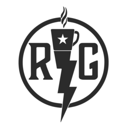 the mark consists of a circular design featuring the stylized letters "r" and "g" positioned on the left and right sides, respectively. between the two letters, a lightning bolt extends vertically from the top of the circle to below its lower edge. a coff