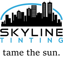 the mark consists of the stylized wording "skyline" in black above "tinting" in blue, with a black silhouette of a city skyline above the wording and a blue arc curving over the skyline, and the wording "tame the sun." in black below.