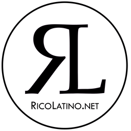 a stylized combination of a backward letter 'r' and a regular letter 'l' sharing a central vertical stem, enclosed within a circle. the text 'ricolatino.net' is positioned horizontally beneath the letters, sitting above the bottom curve of the circle.
