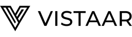 stylized v symbol in the beginning and the text vistaar in all caps, in a sansserif font in black color