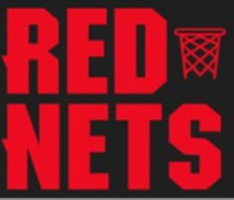 the word red above the word nets in red font on a black background with an image of a basketball net in the upper right-hand corner.
