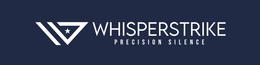 the mark consists of a stylized geometric design formed by three angular bands creating a triangular carrier enclosing a five-pointed star, positioned to the left of the wording "whisperstrike" in stylized capital letters, with the wording "precision sile