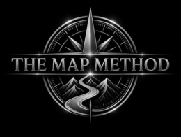 the mark consists of the wording 'the map method' superimposed over a stylized compass design, with a winding road leading through mountains within a circular compass element