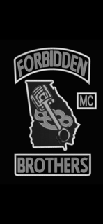 top wording with forbidden enclosed in a border. state of georgia outline encompassing a piston and brass knuckles. letters mc enclosed in a square border.  bottom wording with brothers enclosed in a border.