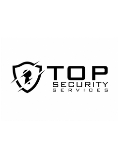 the mark consists of a stylized shield containing the silhouette of a helmeted figure intersected by diagonal lines to the left of the stylized wording "top security services," with "top" appearing above the wording "security services." color is not claim