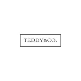 "teddy&co." in elegant black serif type (laguna font), centered, thin, black-bordered rectangle framing the text, white background — clean and luxurious,