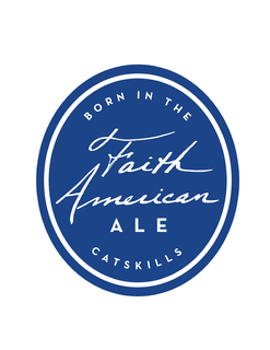 the  words faith american are in script inside the oval.  the word ale is in block print.   all writing is in white against a blue background.
