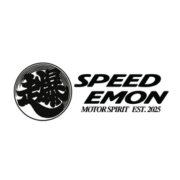 the japanese crest style rounded logo contain kanji letters (bakuso) on the left. on the right of the crest we have our brand name "speed emon" and slogan "motor sprit" with our established year
