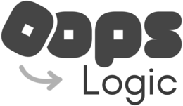 the mark consists of the stylized wording "oops logic" displayed in a distinctive and playful design. the word "oops" appears in large, rounded, lowercase-style purple lettering across the top of the design. the first letter "o" is depicted as an irregula