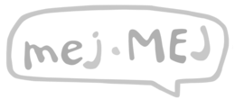 the outline of a speech bubble that, inside of the speech bubble, includes stylized type with the first word "mej" in lowercase letters, followed by a dot, and the second word mej in stylized uppercase letters.