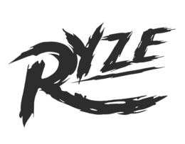 the mark consists of the stylized wording "ryze" in a dynamic brushstroke-style font, with the letter "r" enlarged and extending into a sweeping curved design element beneath the wording. the overall design conveys motion, elevation, energy, and uplift as