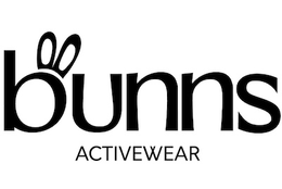 the stylized wording "bunns" with a set of upright rabbit ears emerging from the top curved portion of the letter "b". below this, the word "activewear" appears in a smaller, clean, sans-serif uppercase font.