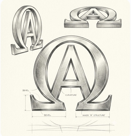 a stylized design combining the greek letter alpha and the greek letter omega. the letter alpha is centered within the circular portion of the letter omega. the entire design is rendered in a three-dimensional, beveled style with shading.